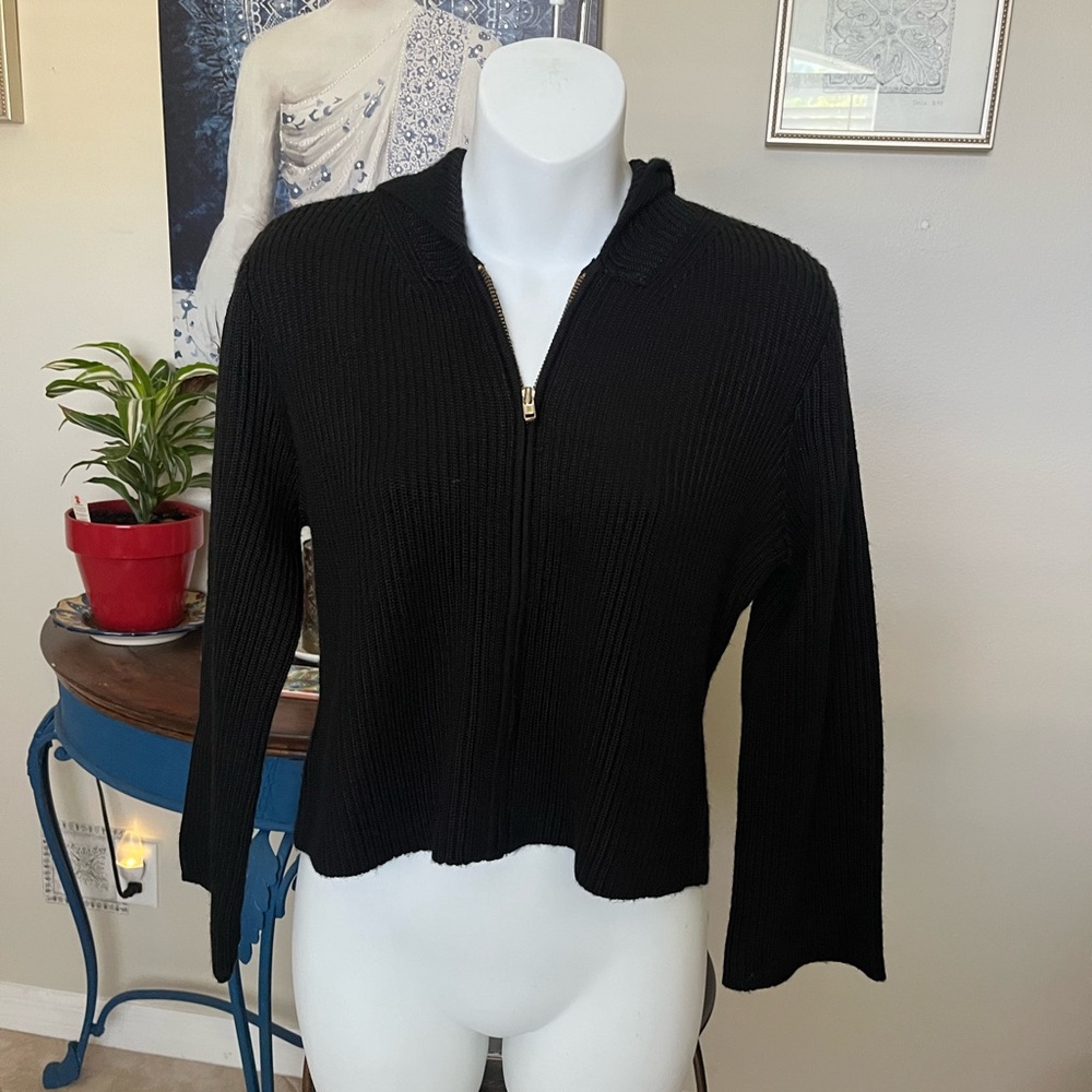 Moda International Black Wool Blend Zip Down 3/4 Sleeve Cropped Sweater Jacket L